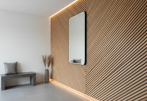Modern Interior with Wooden Slat Wall Finishing and Lighting