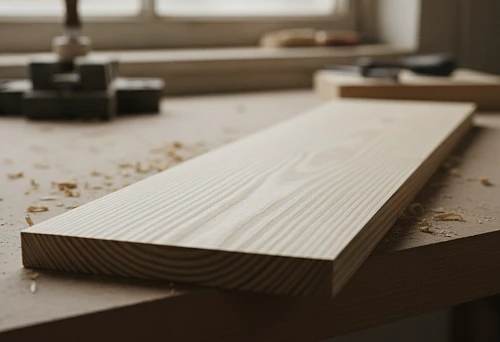 Planed wooden lath on a workbench in a workshop