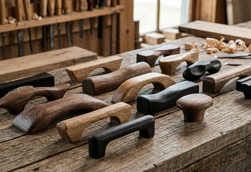 Designer wooden furniture handles: set of wooden furniture handles on a craftsman's workbench