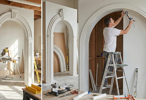 Polyurethane stucco for arches: ready-made archway framing with classic pilasters and radius profile in renovation
