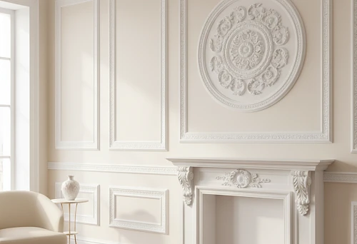 Classical Interior with White Wall Molding &mdash; Decorative Panels, Rosette, and Polyurethane Fireplace Surround