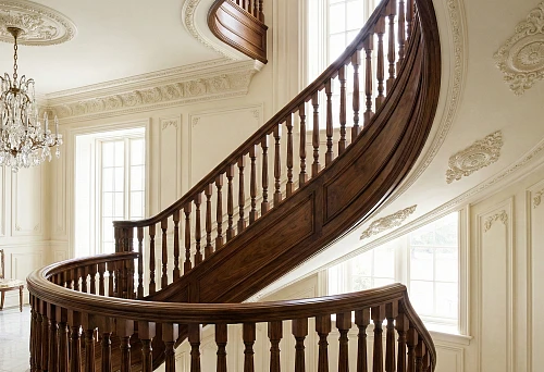 Classic staircase with wooden handrails and polyurethane stucco molding in a 2026 interior