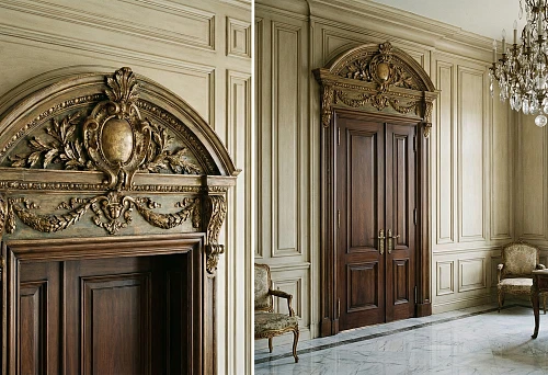Pediment over a wooden door with rich ornamentation: an architectural detail for a premium interior