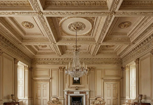 Classic interior ceiling with coffers, stucco decoration, and a central ceiling rosette for a chandelier