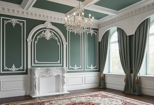 Classic interior with ceiling rose for chandelier and decorative pediment above fireplace