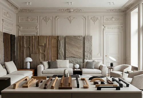 Living room in neoclassical style: wall moldings, decorative panel samples and an exposition of wooden handles on the table