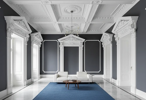 Interior with Polyurethane Ceiling Molding and Sandrik Cornice, Combining Material Lightness and Design Monumentality