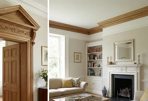 Door Cornice and Wooden Cornice in Interior Design &mdash; A Massive Wooden Door Portal with a Cornice Above the Opening and a Separate Wooden Cornice Along the Room Perimeter at the Ceiling, Classic Living Room with a Fireplace and Built-in Bookshelves