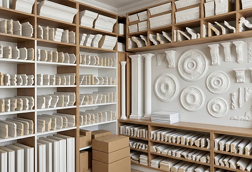 Catalog of polyurethane decorative molding: display with cornice and molding profiles, rosettes and columns