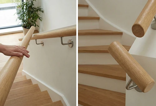 Round wooden handrails 50 mm on the staircase: hand rests on the railing, reliable metal brackets, light interior.