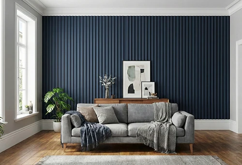 Living room with an accent wall of vertical panels and a classic ceiling cornice