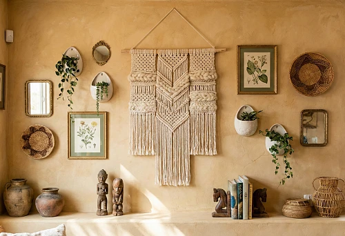 Boho style wall decor: macrame panels, mirrors, woven baskets and wall planters
