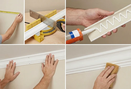 DIY polyurethane stucco: measuring the wall with a tape measure before installing the molding