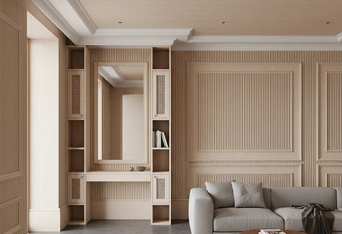 Modern interior with MDF baseboards, moldings, and decorative moldings