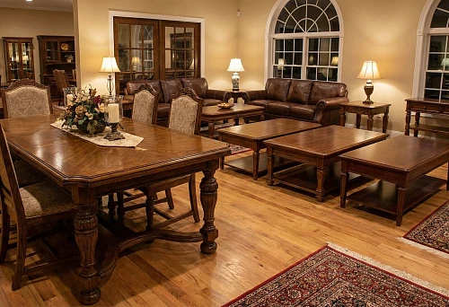 Solid wood dining table in a classic living-dining room interior, warm finish