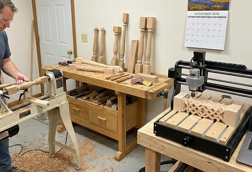 Craftsman Turning a Wooden Baluster on a Lathe in the Workshop