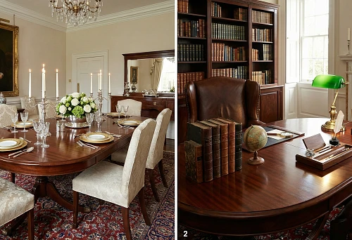 Two Classic Interiors: Dining Area with Oval Table and Table Setting, Study with Writing Desk, Books, and Green Lamp