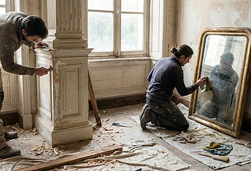 Restoration of an antique interior: a master restores baseboards and wooden trim, another restores a large mirror in a frame
