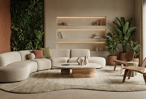 Modern living room 2026 with a modular boucl&eacute; sofa, biophilic plant wall, niche lighting, stone coffee table, and large plants