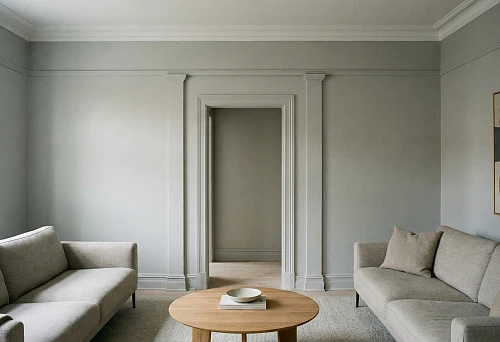 Bright living room with stucco decor: a door portal with pilasters and a cornice on gray walls, two sofas and a round wooden table.