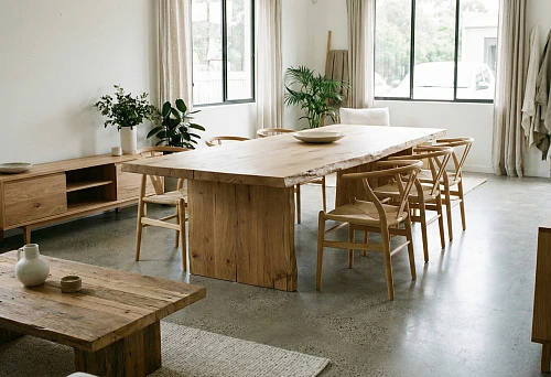 Modern dining room with a large solid wood table and wooden chairs &mdash; eco minimalism in interior design