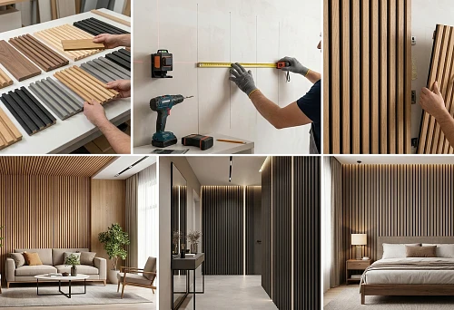 samples of slatted panels in different shapes and materials for walls