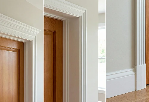 What is a door plinth called &mdash; example of door opening design: white casing around the door, extension in the depth of the opening, and floor plinth joining the casing on a wooden floor