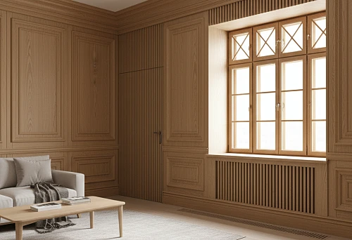 Interior with wooden moldings, vertical battens, and decorative trims; a unified profile system integrates walls, windows, and door portals into a cohesive composition.