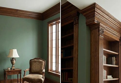 Wooden ceiling plinth and furniture cornices: a dark wooden profile creates a vertical interior frame on green walls