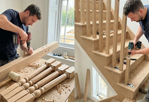A master drills holes in a wooden stringer for subsequent baluster installation &mdash; preparation for 2026