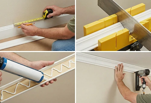 How to glue polyurethane molding: marking the cornice with a tape measure and pencil