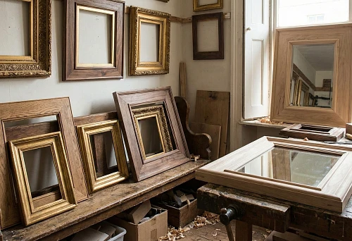 Wooden baguette for mirrors and paintings: workshop with ready-made frames and blanks, hand finishing, tools and shavings on the workbench.