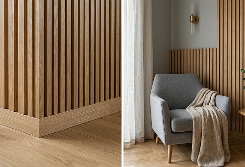 Buy slatted panels and wooden skirting board for a seamless wall and floor finish in a modern interior