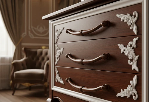 Wooden furniture handles on a classic chest of drawers with decorative overlays &mdash; an example of how wooden hardware supports the traditional interior style and classic furniture