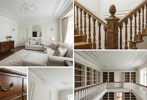 Prestigious classic interior: white stucco on ceiling and walls, wooden furniture, and staircase with carved balusters