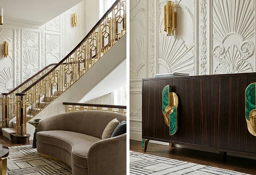 Interiors in the Style of Modern Art Deco 2026 with White Molding, Geometric Golden Balusters, and a Rounded Sofa
