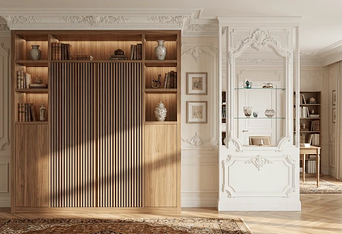 Slatted facades and polyurethane stucco for cabinet and partition design