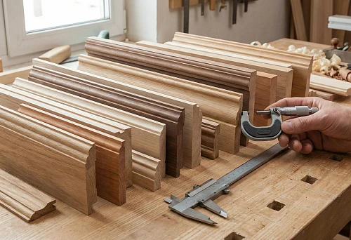 Samples of wooden moldings with different profiles on a carpenter's workbench, dimension control with a caliper