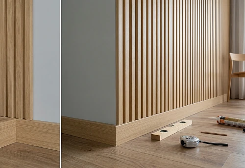 MDF slat panel and MDF baseboard with neat floor junction and even finish geometry