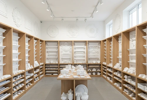 Interior of a molding store with a wide assortment of polyurethane profiles, rosettes, and decorative elements, arranged on shelves for selecting appropriate scale and style.