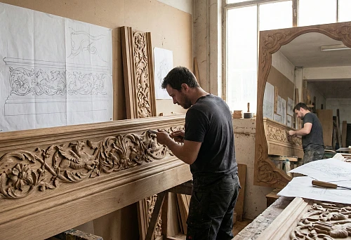 The craftsman makes carved baseboards and mirror frames to order in a carpentry workshop, hand-carved wood