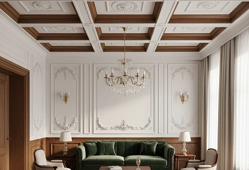 Interior with wooden moldings and polyurethane plasterwork in a unified decorative system