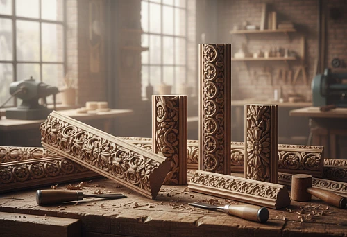 Wood-look decorative elements with ornament on a work table