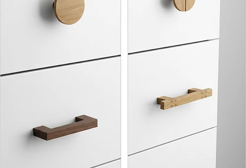 Modern wooden furniture handles made of oak and beech on white fronts&mdash;round and rectangular models with precise geometry and smooth coating