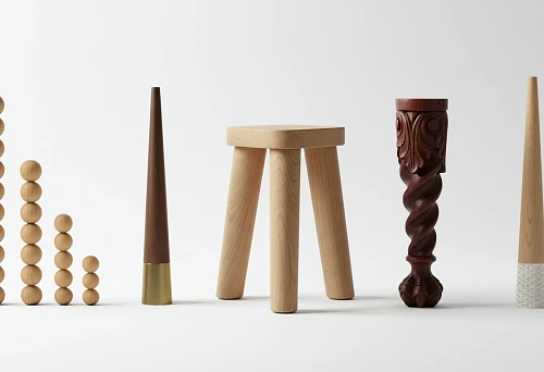 Various wooden furniture legs &mdash; tapered, round, carved, and supports with metal inserts.