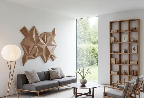 Wooden 3D composition on a white wall in minimalist interior, texture accent