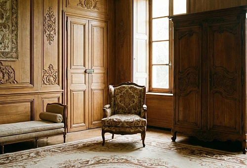 Classic room with carved wooden panels and furniture &mdash; decorative design elements in a unified style