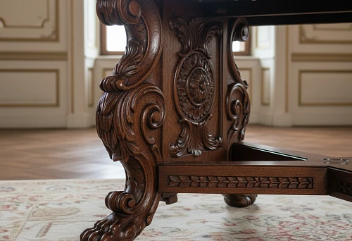 Carved wooden table base with massive supports and decorative elements, showcasing the strength and stability of the foundation for a heavy countertop