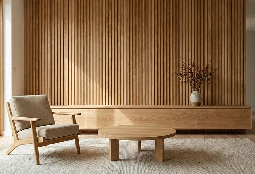 Oak Batten for Interior: Oak Slat Wall and Minimalist Solid Wood Furniture in Warm Tones