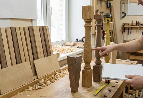 Selecting wooden balusters and furniture legs in a carpentry workshop: comparing height, cross-section, and proportions of ready-made solid wood elements